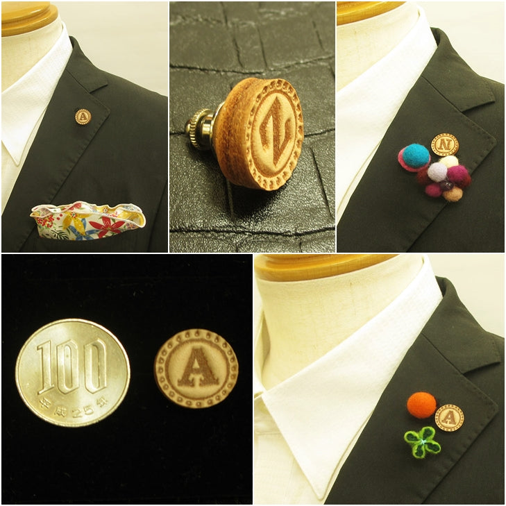 ラペルピン ピンズ 本革レザー イニシャル 【アルファベットA~M】 【暮らすぱいす】
