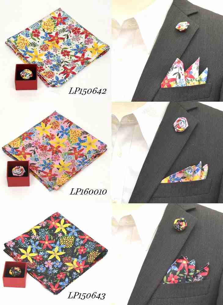 ポケットチーフ ラペルピン ローズ セットオリジナル花柄 【暮らすぱいす】