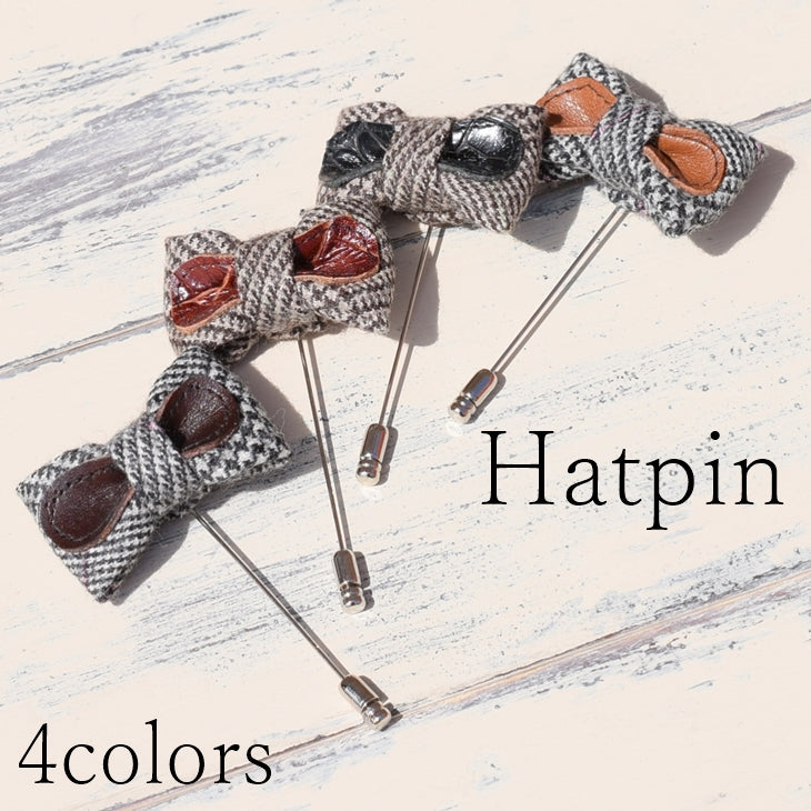 ハットピン ピンズ ピンバッジ ラペルピン ブローチ 蝶ネクタイ型 ウール×レザー 4バリエーション